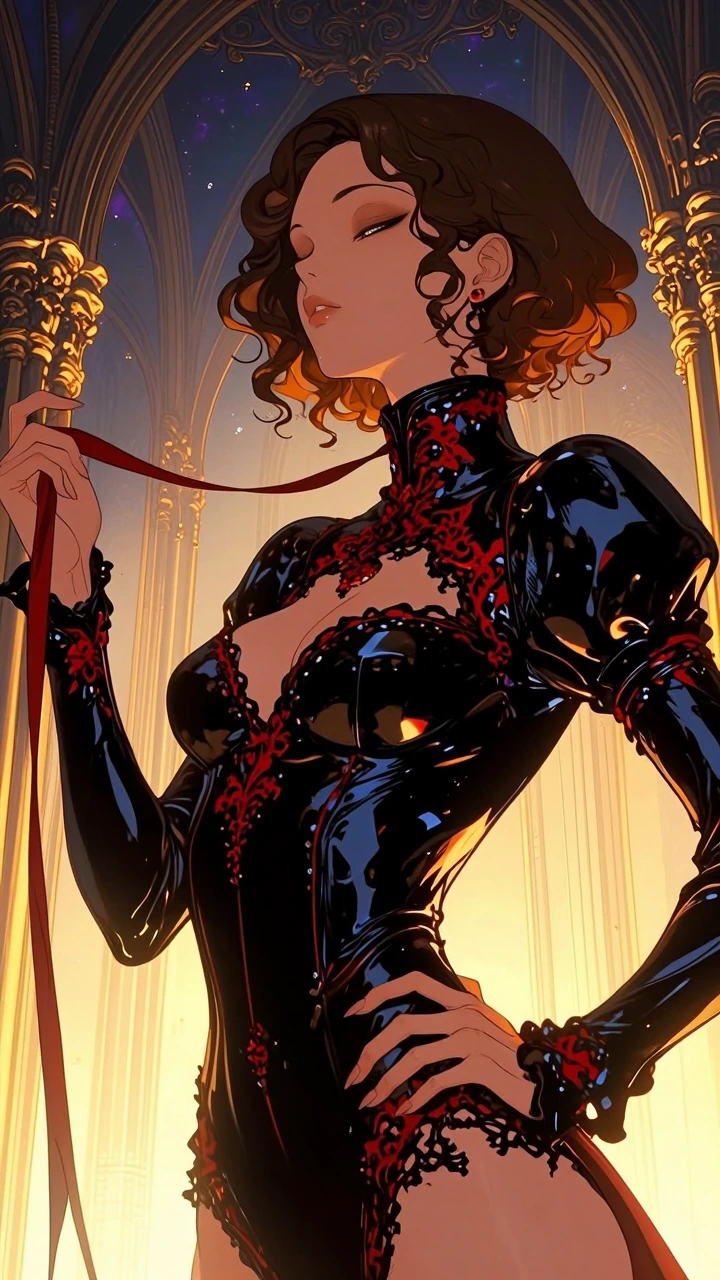 a highly detailed digital illustration in a fantasy art style, it depicts a young woman with fair skin and short, wavy brown hair styled in loose curls, she has a serene expression with her eyes closed and lips slightly parted, giving her a mysteriou