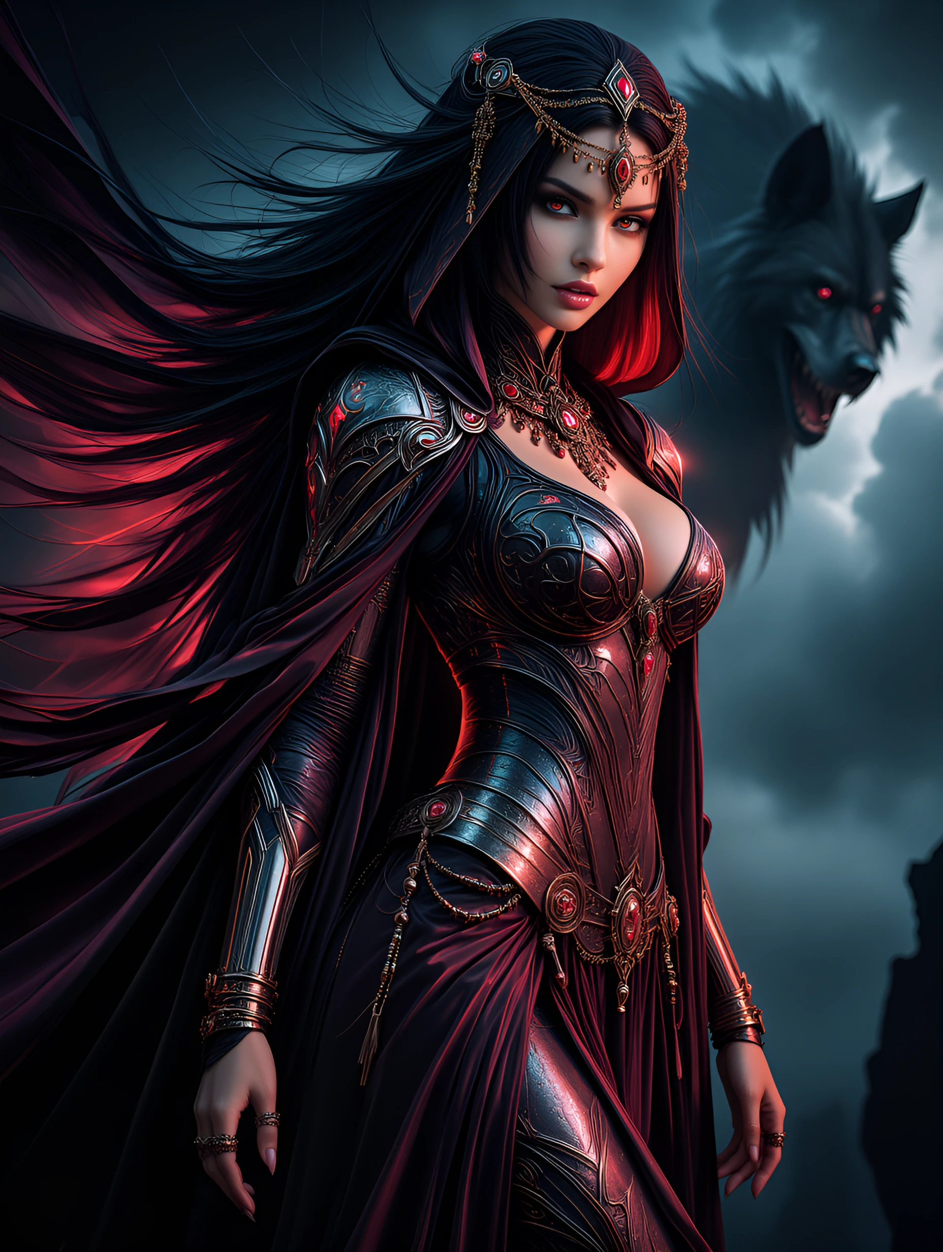 A close-up, hyper-realistic portrait of a beautiful Little Red Riding Hood depicted as a sorceress, dressed in an elaborate gothic robe featuring shim