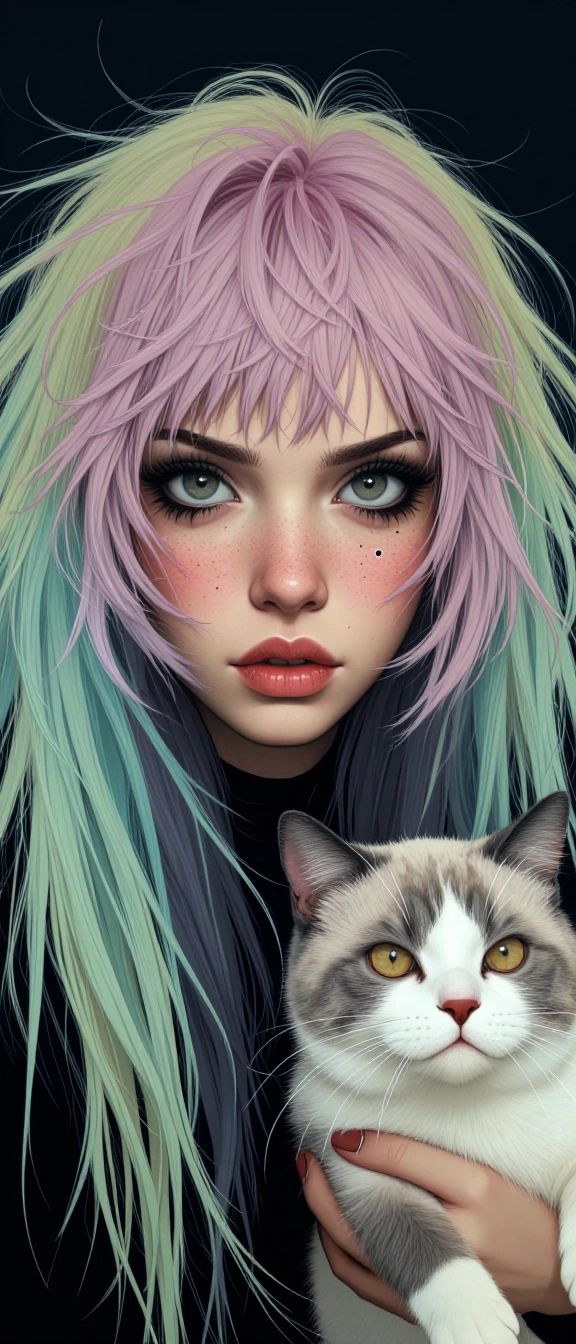 Crazy girlfriend pastel hair taking a selfie with her cat