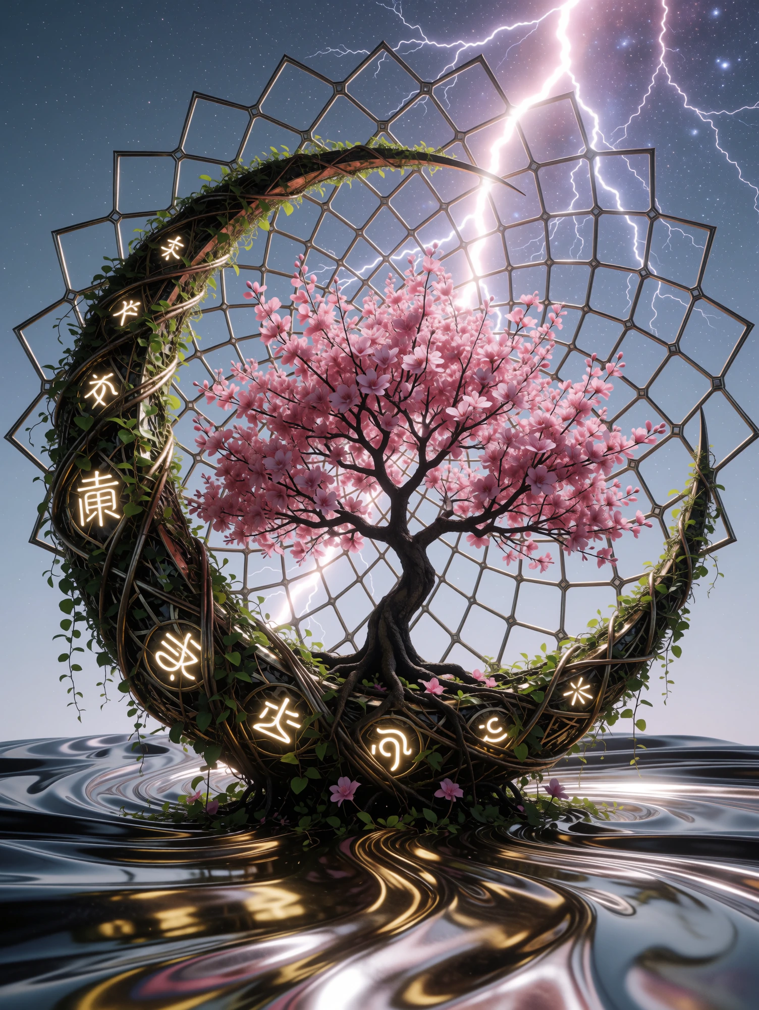 Surreal crescent structure wrapped in vines and glowing symbols, supporting a blossoming pink‑flower tree at its center. Behind it, a geometric web pattern radiates outward as a bolt of lightning illuminates the scene. The crescent rests on a fluid m