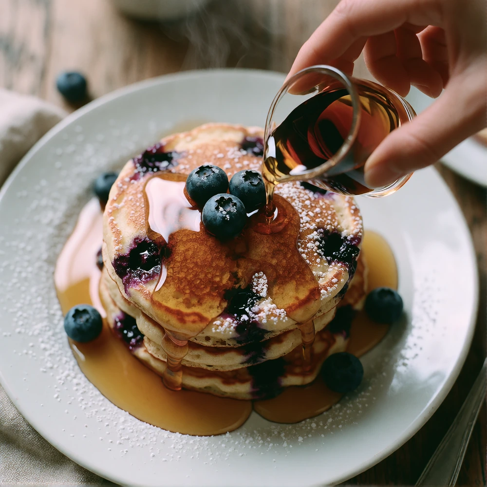 Capture a topdown POV food photograph of a stack of fluffy blueberry pancakes on a white ceramic plate, steam rising gently from the warm, goldenbrown