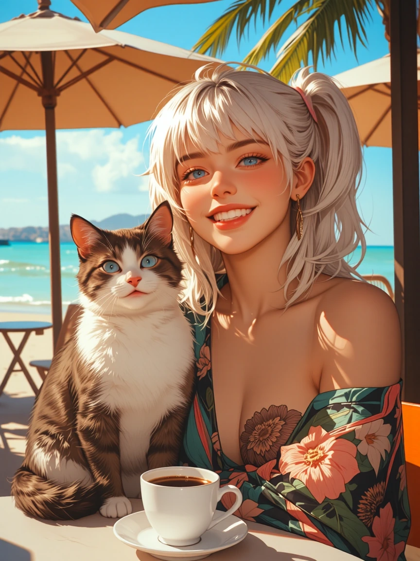 Happy Woman, weirdcore, platinum pastel hair, beach coverup, with a cat, having coffee in the morning at a seaside cafe , tropical, bright water