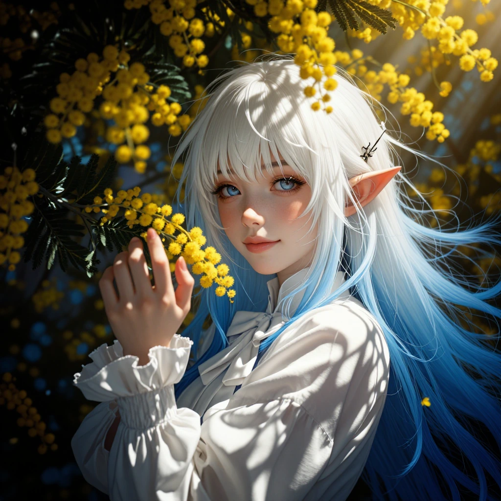 close-up, 1.2::looking at viewer, gentle smile::, touching flower, 1.3::white hair, very long hair::, two-tone hair, light blue gradient hair, light blue pupils, short eyebrows, bags under eyes, white eyelashes, brown eyes, slit pupils, messy hair, x