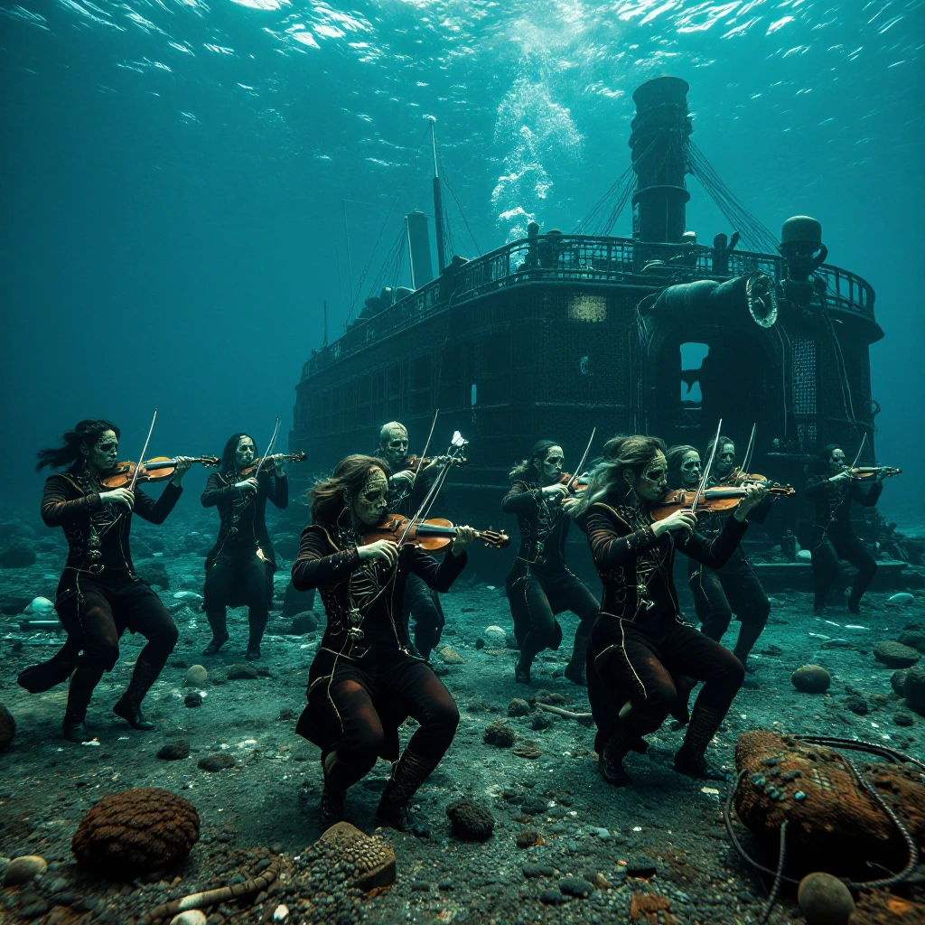 the orchestra of a sunken ship; A skeletal ship's band continue playing underwater on a ruined cruise liner from the age of steampunk.
