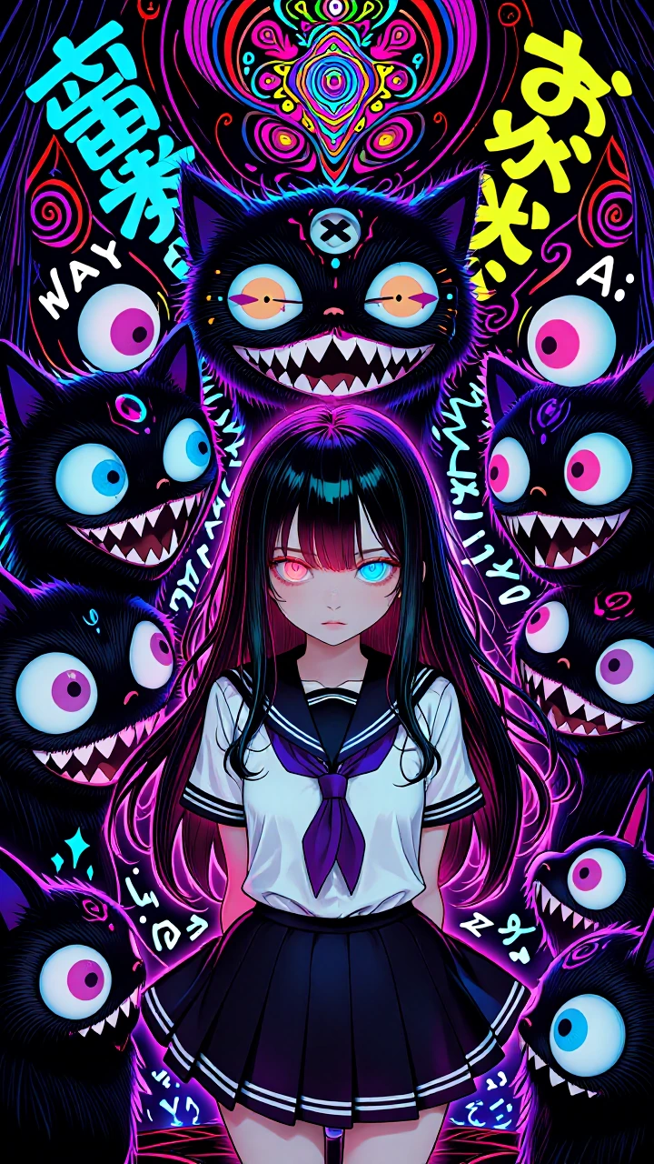 Surreal vivid anime illustration of a teenage girl with long straight hair in a classic sailor-style school uniform, centered mid-shot, direct gaze with heterochromia (one eye neon pink, one eye electric blue), surrounded by oversized menacing cat-li