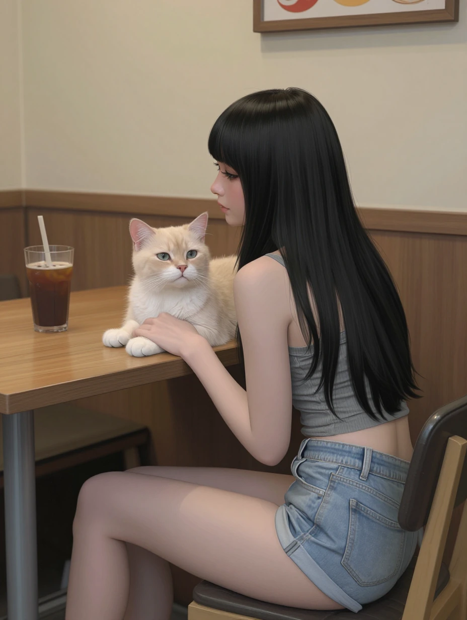 Woman long black hair at a cafe with a cat