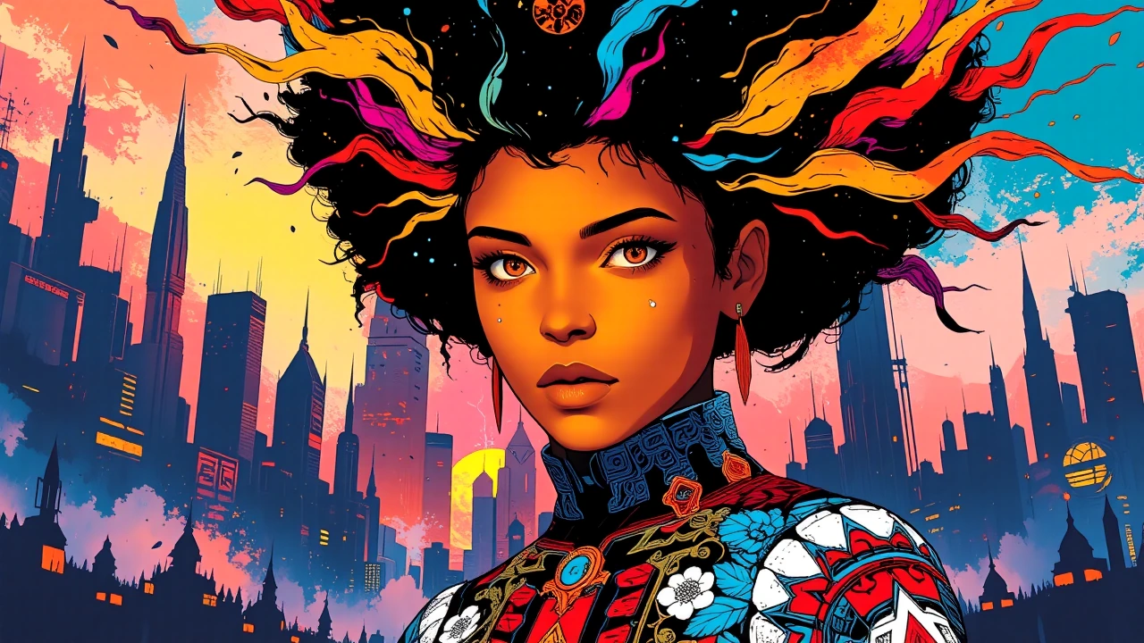 A vibrant semi-realistic portrait of a mysterious young woman standing before a dreamlike futuristic city at dusk. Her skin glows with warm shades of amber, gold, coral, and crimson, painted in bold graphic shapes with subtle painterly shading. She h