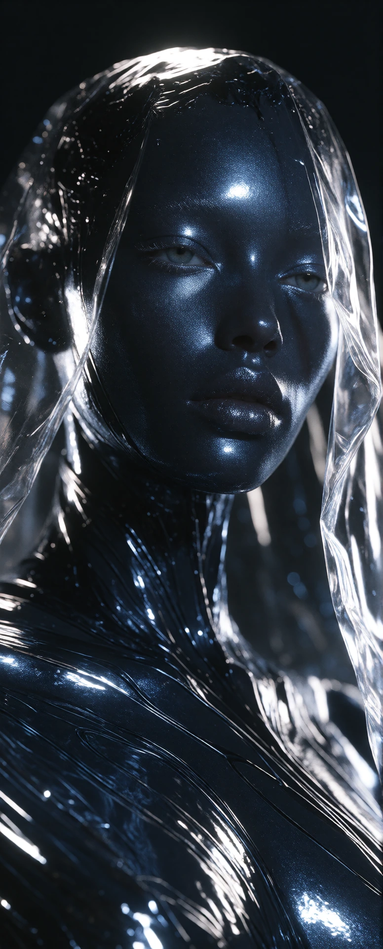 Subject: A sleek, sculptural humanoid figure with a mirror-finish surface of deep iridescent blue-black obsidian. ​Lighting & Internal Detail: The figure features brilliant, glowing cyan eyes and a single, sharp vertical filament of neon-blue light e