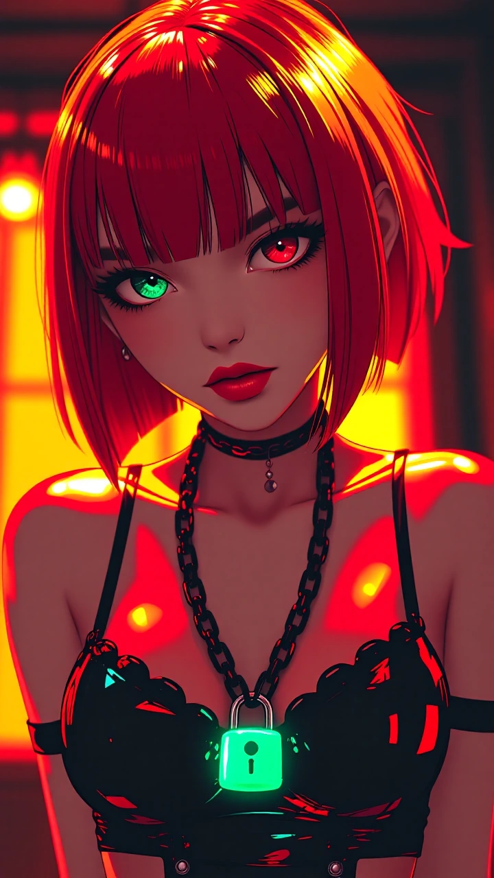 Red Fever with heterochromia — emerald green eye and crimson red eye — rendered in cel-shaded animation style with bold black outlines, glossy surfaces catching sharp highlights. Short voluminous crimson bob with side-swept bangs and flipped ends. Bl