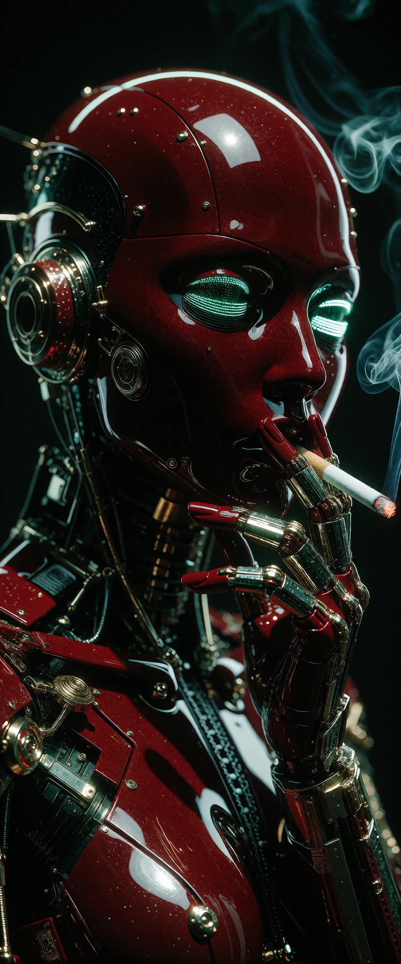 A high-end female cyborg with the same sleek minimalist design and elegant proportions. Her body is rendered in a flawless candy apple red lacquer finishādeep, liquid red pigment suspended beneath an ultra-gloss clearcoat. The surface appears smooth,