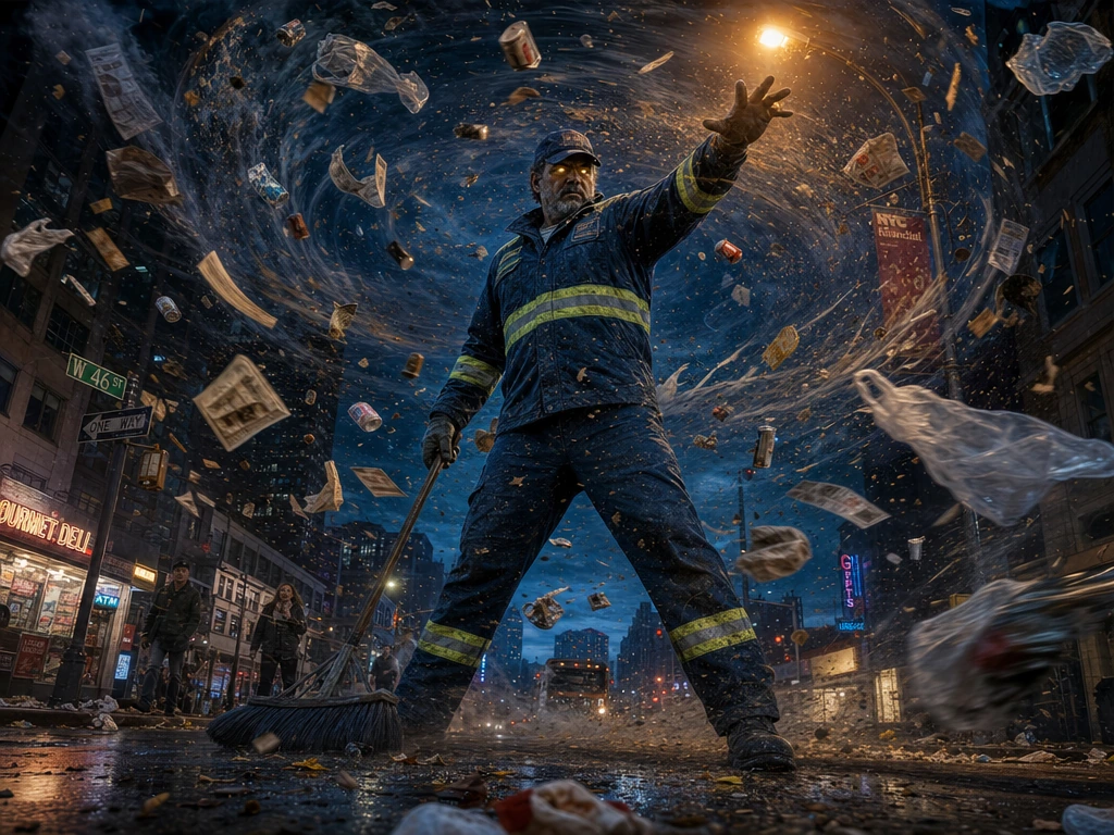 A weathered street sweeper stands at the epicenter of a supernatural whirlwind, his worn blue municipal uniform — navy jacket with reflective yellow trim, matching trousers, scuffed steel-toe boots — whipping in the cyclonic force he commands. Stream
