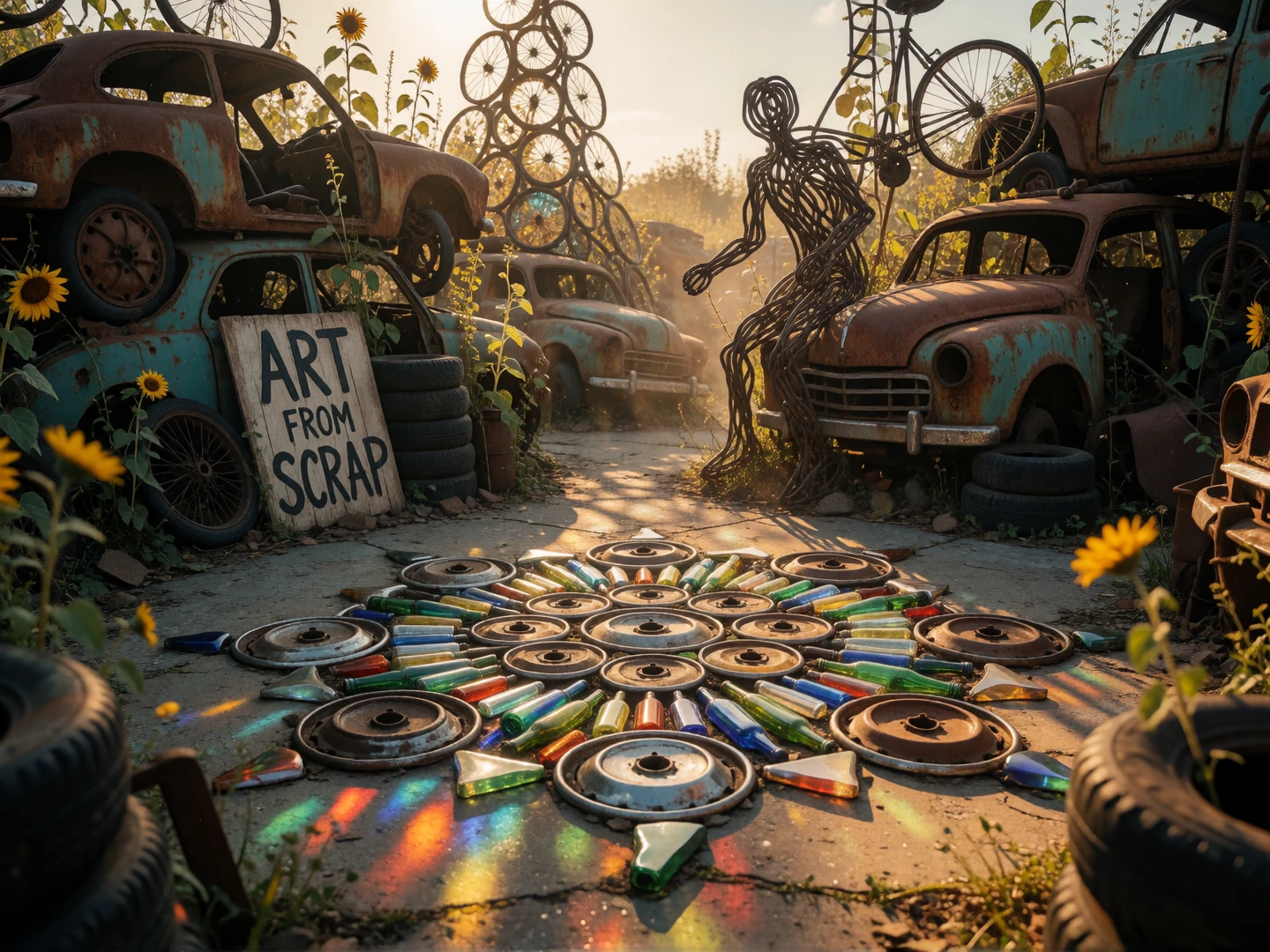 An artistic junkyard at golden hour, rusted car shells and stacked scrap metal transformed into a sprawling outdoor sculpture garden — bent rebar twisted into abstract human figures, hubcaps arranged in a giant mandala on the ground, old bicycle whee