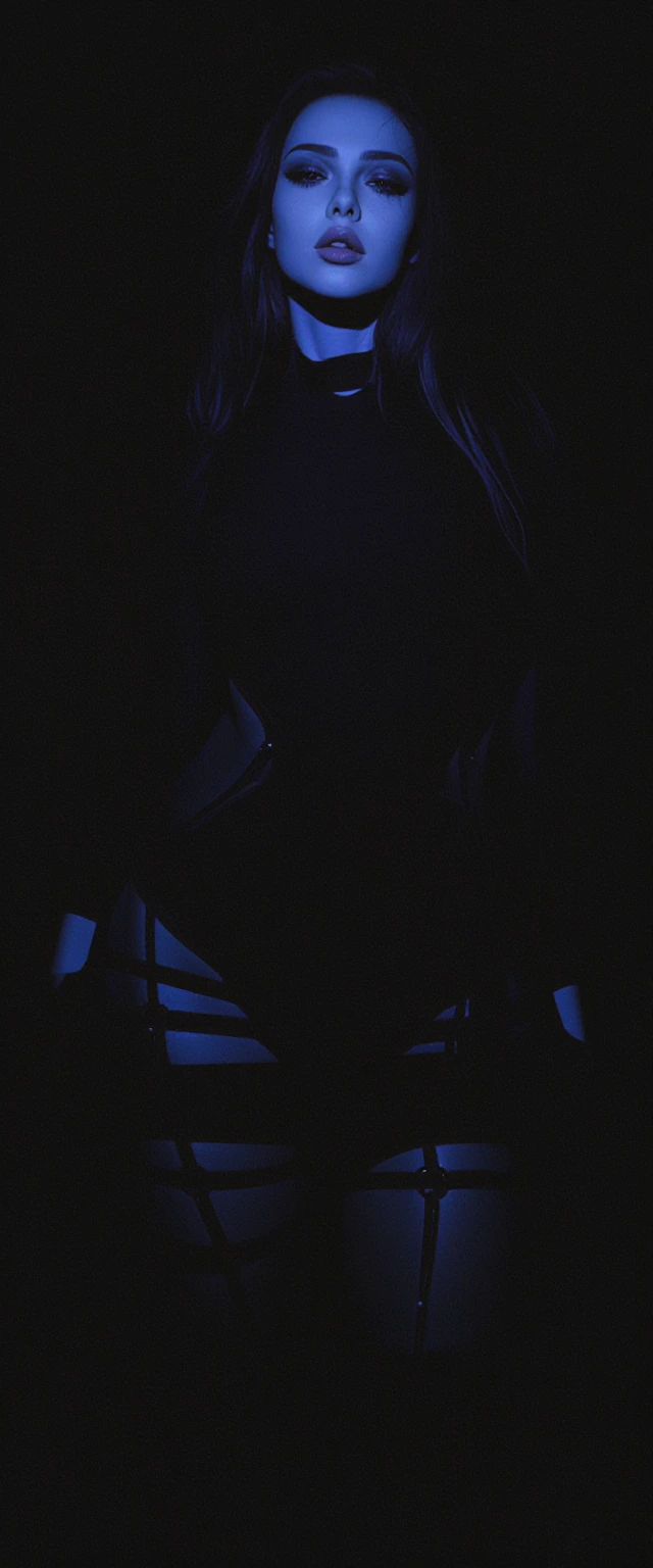 A hyperdetailed, cinematic masterwork of a striking human model standing gracefully in absolute pitch darkness, illuminated exclusively by intense, highoutput ultraviolet lights.