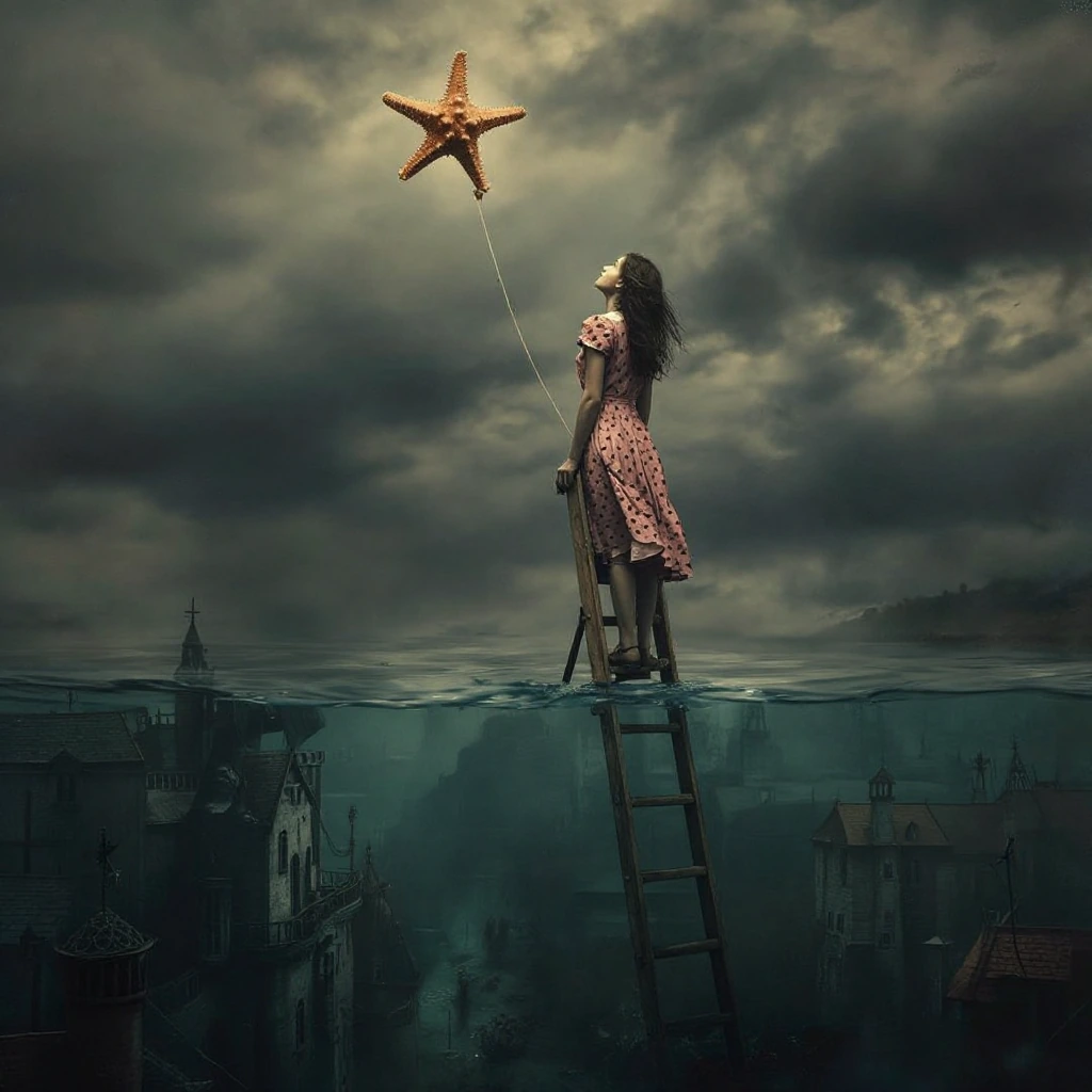 Surreal poetic photography. A young woman in a pink polka-dot dress stands on a wooden ladder in the middle of a calm sea, looking up at an orange starfish floating in the sky like a kite, tied to the water by a thin string. Below the surface, a dark