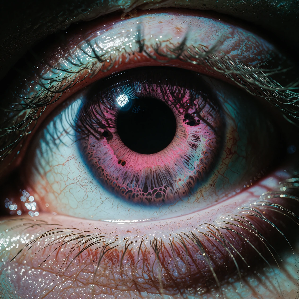 Extreme close-up of a human eye filling the frame, iris split diagonally—hot pink on one half fading to teal on the other, colors bleeding softly into each other at the division. Pupil pure black, catching a single sharp white specular highlight. Wet