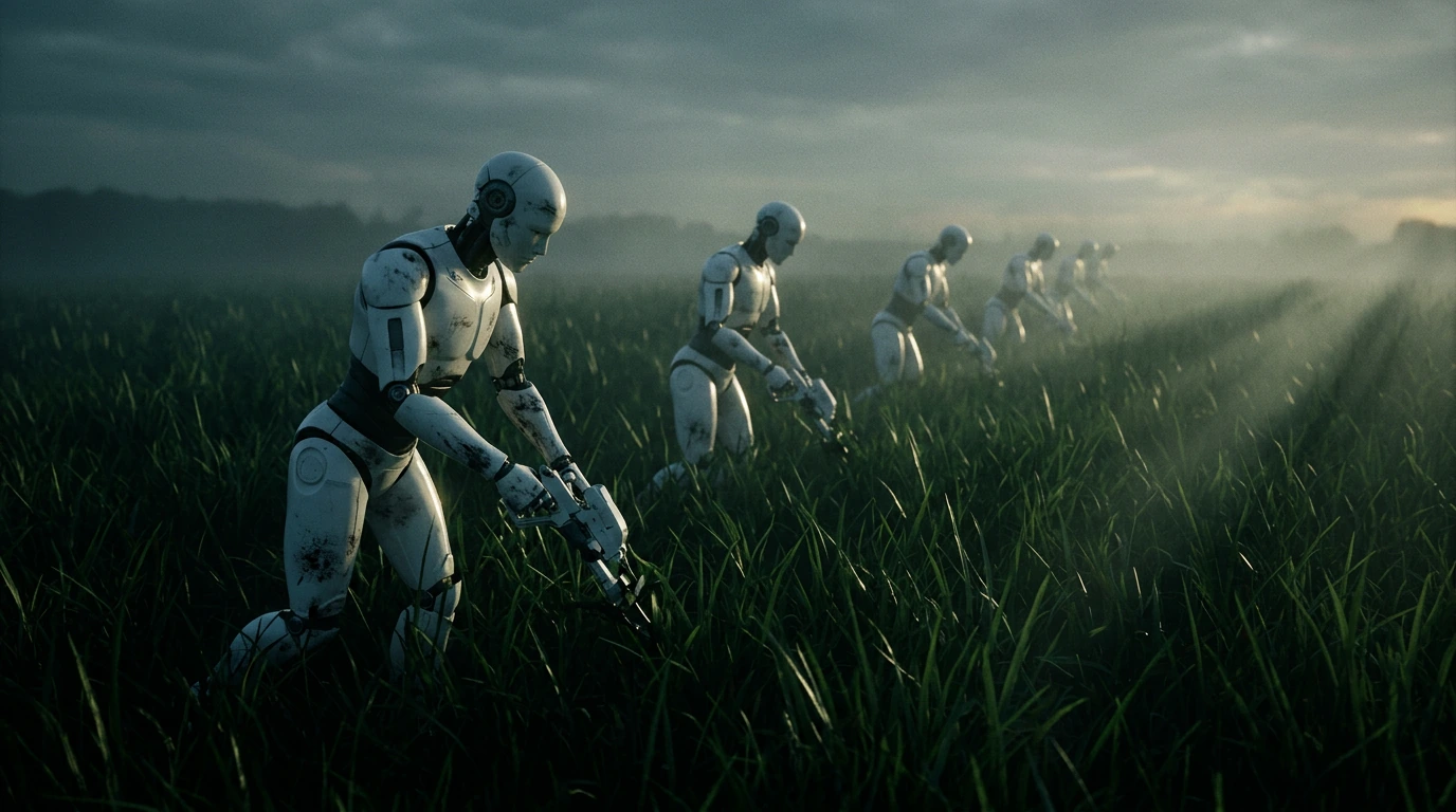 fat shot of robots in a field, cinematic movie trailor shot of robot humanoids in all white farming in a tall green grass, epic cinematography 50MM lens