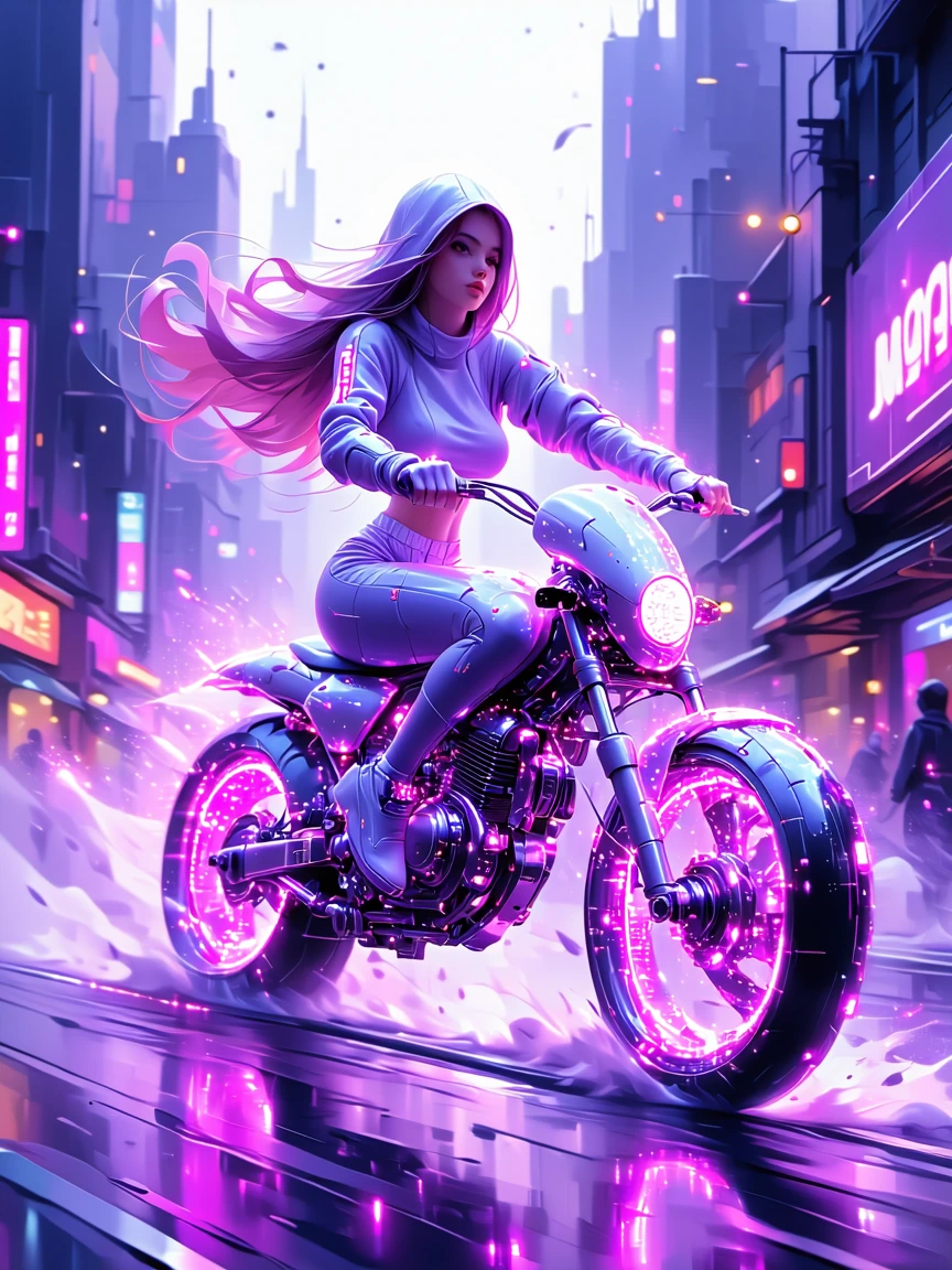 Platinum girl riding a futuristic bike through a cyber town, flowing hair, mauve