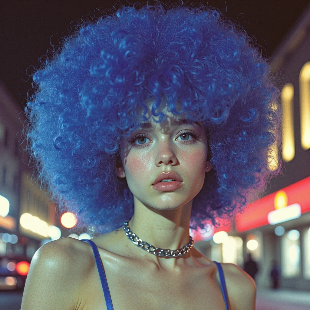 single female character, focus on one girl in the scene, very large, rounded afro hairstyle, extremely voluminous, hair dyed a vivid blue shade, bold and striking, eyes resembling those of an amphibian, round and bulging, intimate undergarments, basi