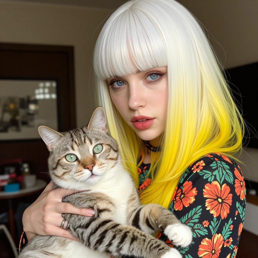 woman white yellow ombre hair, floralpunk style, with a cat