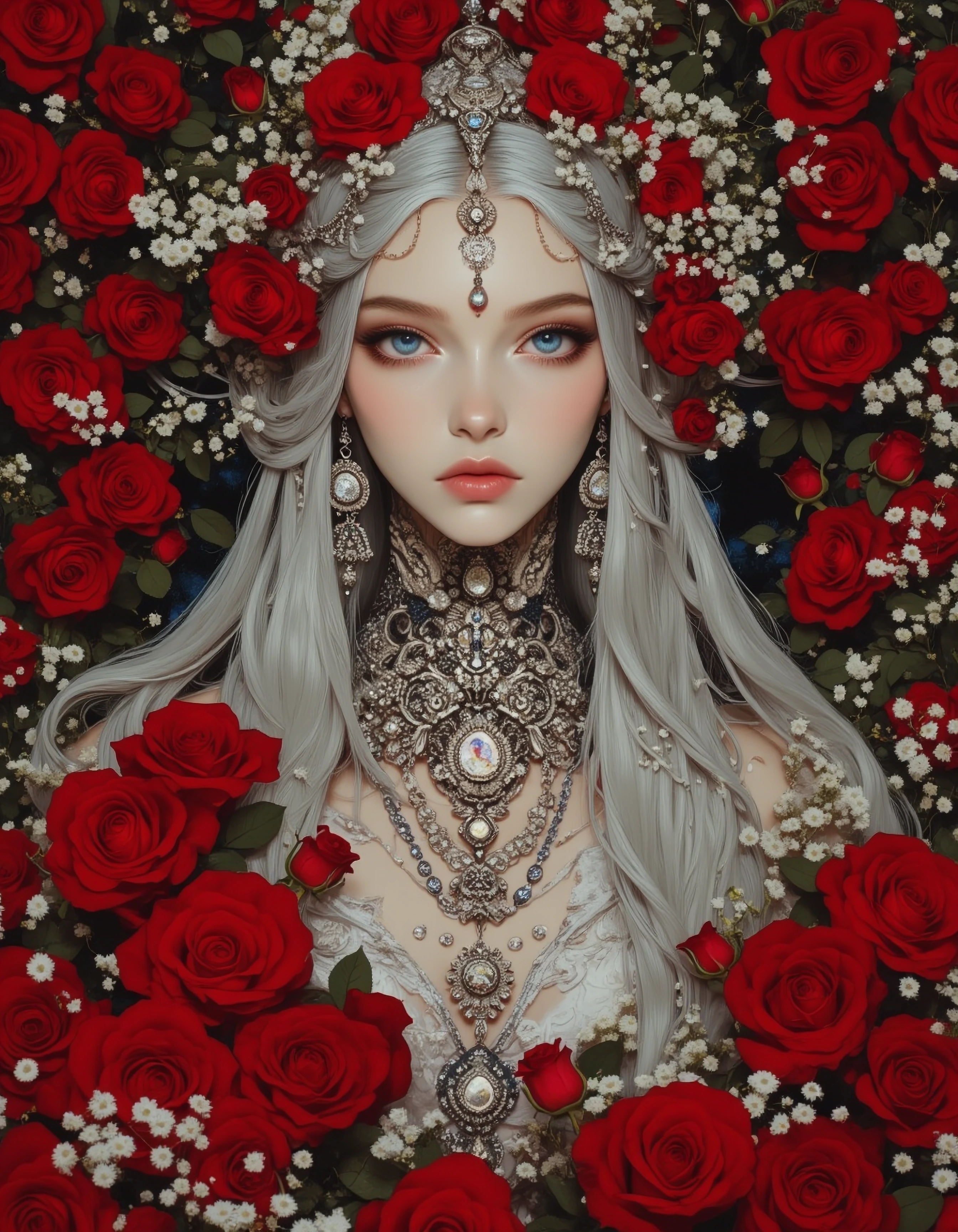 A hyper-realistic fantasy portrait of a beautiful woman surrounded by dozens of red roses and white baby's breath flowers. She has long, flowing silver-white hair elegantly spread out, adorned with red roses and delicate white flowers woven throughou