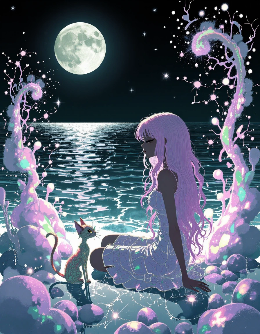 Beautiful woman, lavender pink platinum, iridescent hair, sitting beside an iridescent ocean, moonlight, alien landscape with beautiful glowing flora.