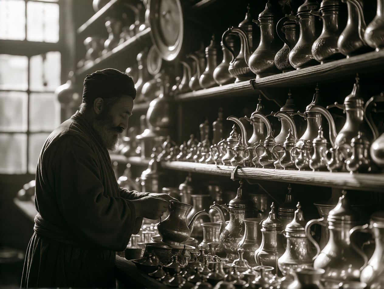 istanbul, 1920s. a merchant arranges brass coffeepots on a s…