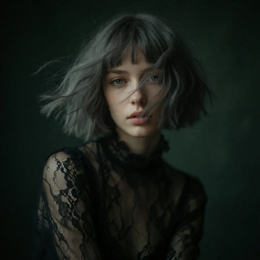 Portrait of a young woman with pale skin and choppy gray bob, windblown bangs shadowing one eye, blue-green eyes, parted glossy lips—shot in soft studio light against a dark forest-green backdrop. She wears sheer gothic lace; her posture is forward-l