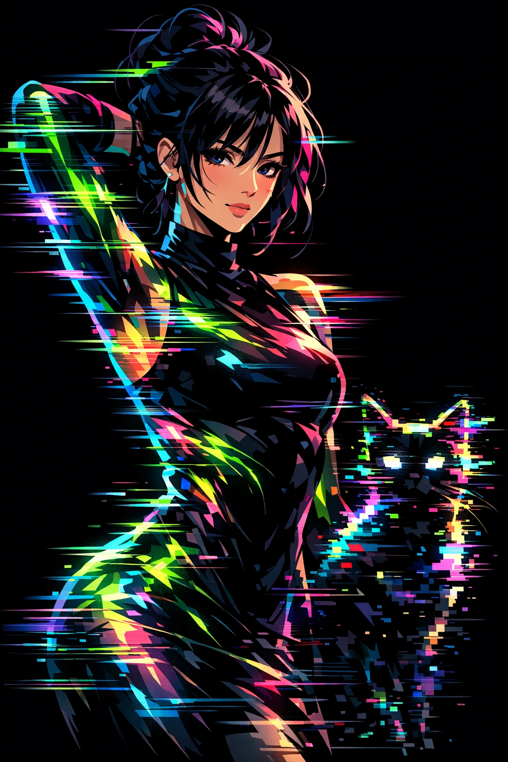 A vibrant digital illustration of a stylish anime woman with dark hair in a messy updo, with a glitched data cat, posing with one arm raised behind he