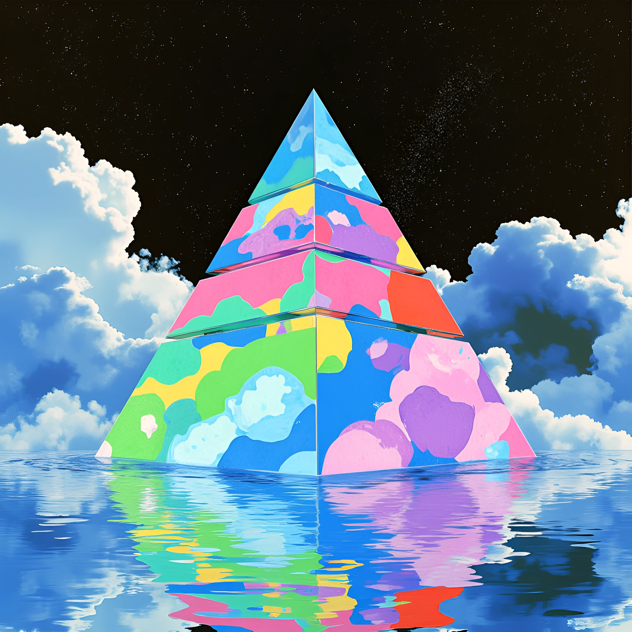 movie still from a 60s psychedelic movie, The image is a digital art piece that appears to be a pyramid or a pyramid-shaped structure. The pyramid is made up of multiple layers of glass with the top layer being the largest and the bottom layer being 