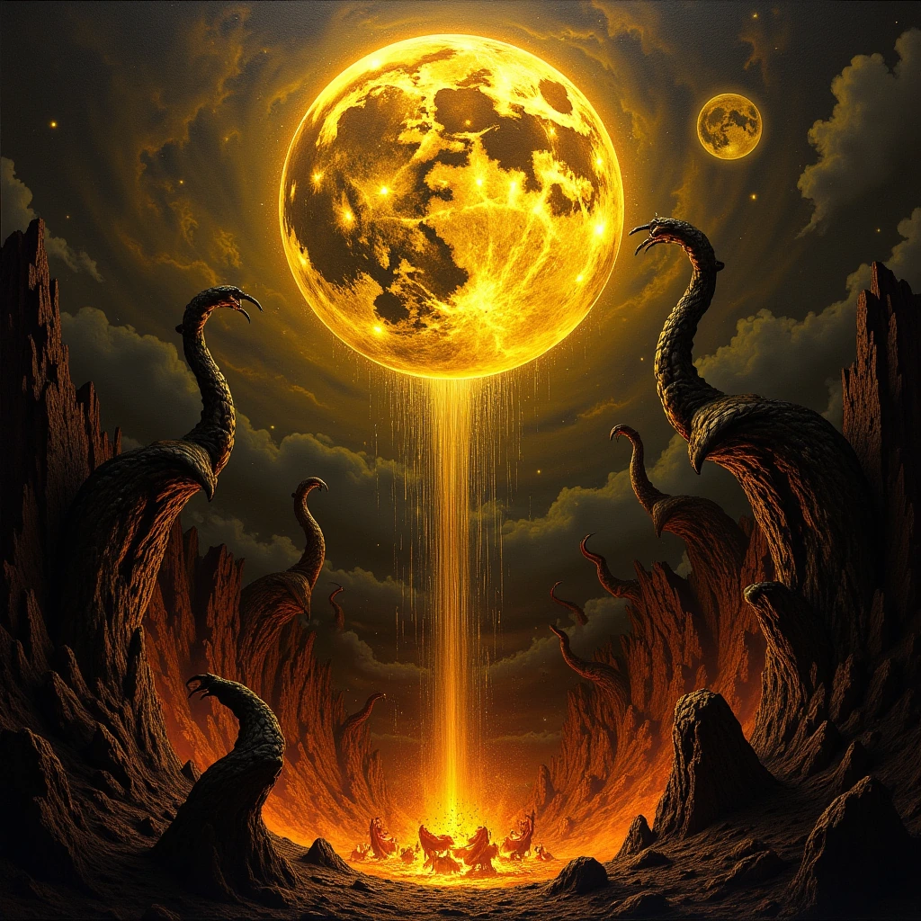 Golden world suspended above hell's gaping mouth, demon claws reaching upward in torment, baroque chiaroscuro, Doré-like engravings, apocalyptic dread.