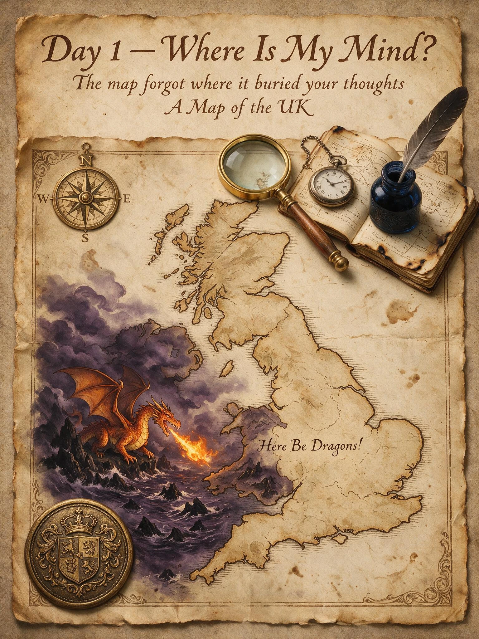 Day 1 — Where Is My Mind? The map forgot where it buried your thoughts; A Map of the UK with "Here Be Dragons!" Marked on the West Country as if the area is an unknown deadly place...