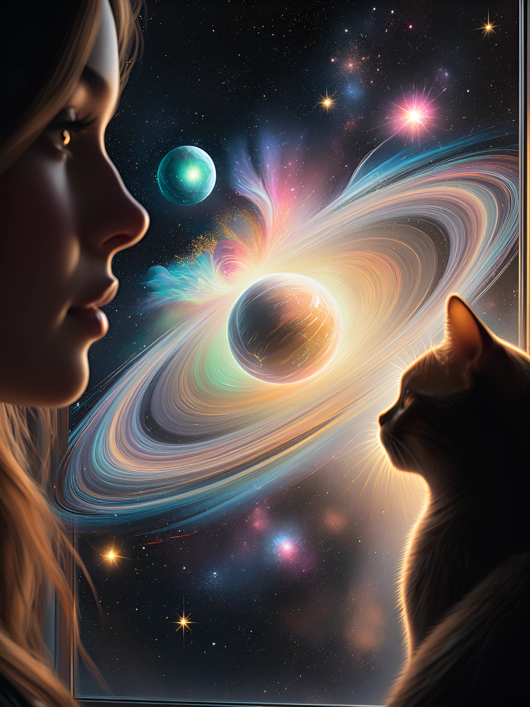 A woman and cat at a window, gazing into a cosmic universe. Closeup on their faces, soft pastel lighting illuminating their wonder. Beyond the glass: a breathtaking space scene with beautifully detailed planets swirling with iridescent colors — soft 