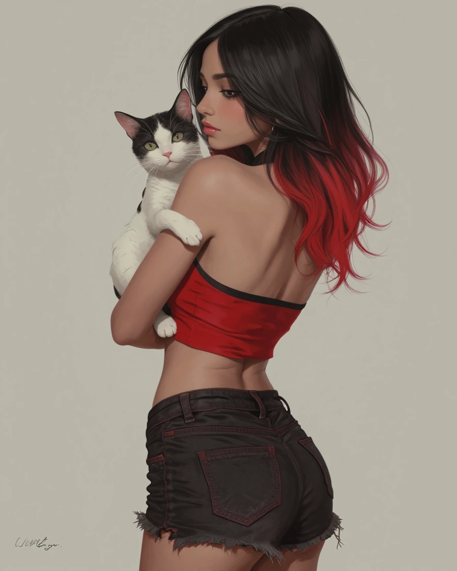 Beautiful woman black red ombre hair, cat on shoulder, red black jean cutoffs and red black tube top, India ink