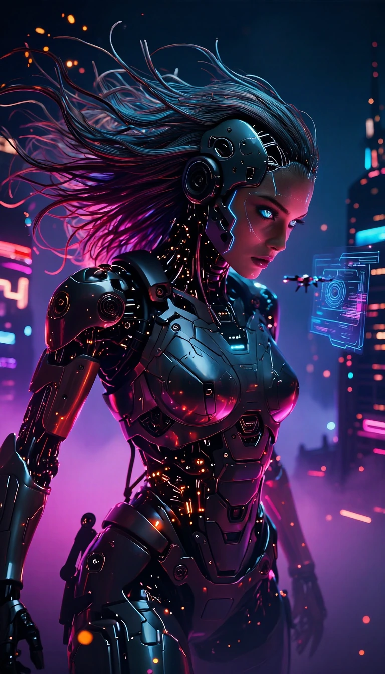 Ultra-realistic female cyborg in commanding pose, head tilted with intense direct gaze, neutral yet powerful expression, cinematic portrait, 8K UHD 3D rendering, nanomachine skin pulsing with bioluminescent subtlety, ultra-detailed realistic textures