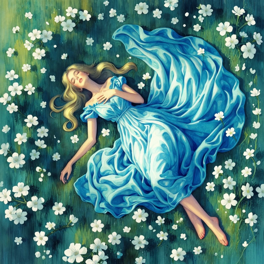 A woman lies in a meadow filled with white flowers. She wears a long, flowing dress in a light shade of blue, the fabric spreading around her in soft waves. Her posture is relaxed, she lies slightly on her back, head gently tilted, eyes closed, one h
