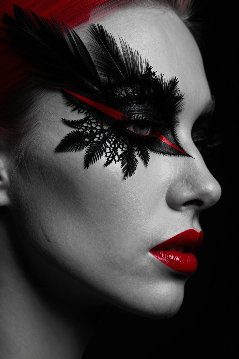 Extreme close-up side profile portrait, woman with grey porcelain skin, avant-garde black feathered lace eye makeup covering upper face, sharp red sla
