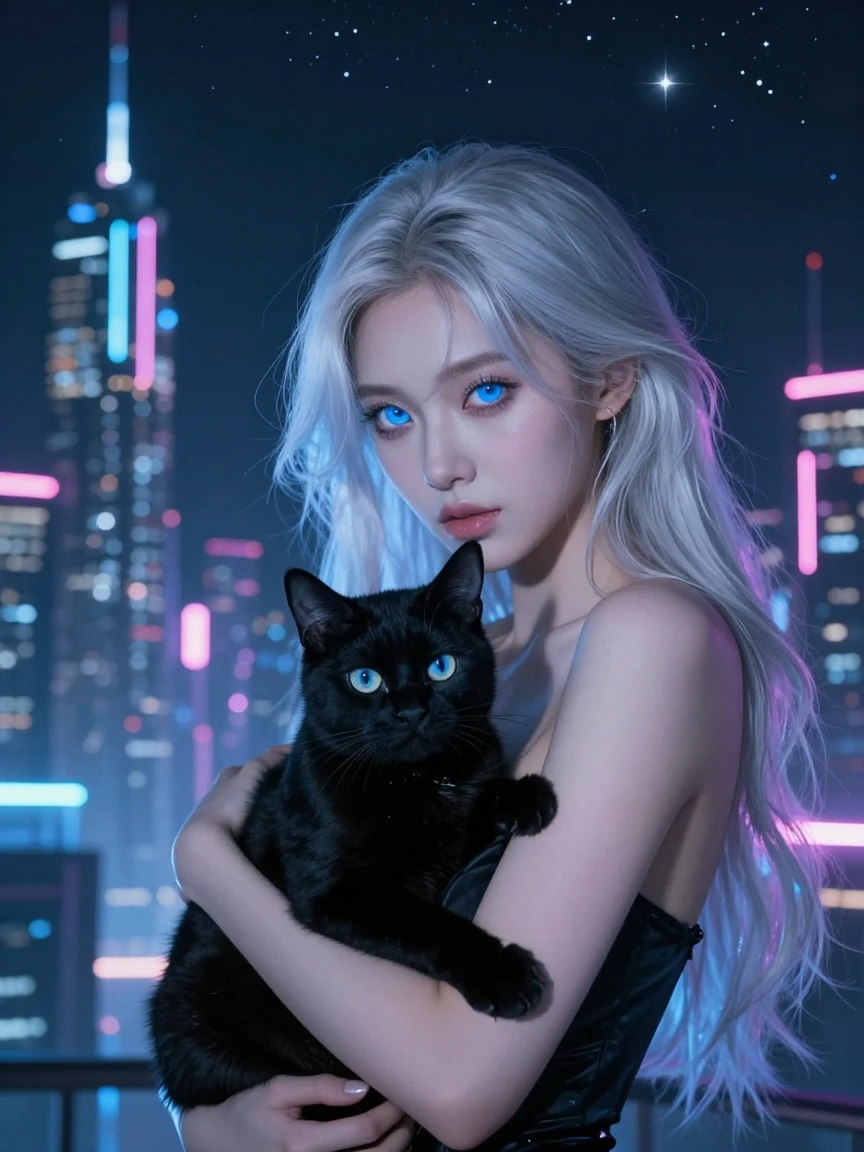 Ethereal woman with platinum silver hair and luminous blue eyes holding a black cat, futuristic cyberpunk cityscape with glowing towers and starfield background, neon-lit sci-fi metropolis, cosmic lighting, otherworldly and serene, digital art, cinem