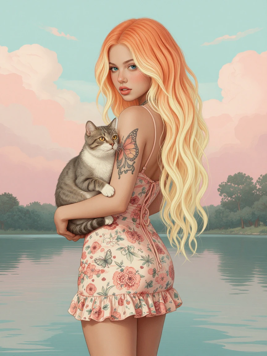 beautiful goth woman at the lake, minidress, with a cat, butterfly tattoo, pastel orange cream ombré hair, beautiful pastel background, luminism, ink illustration, artsy