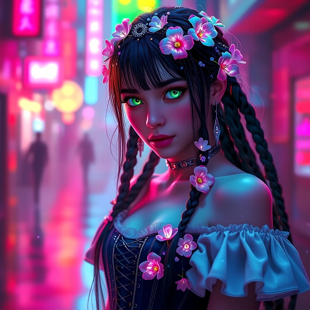 Ethereal girl with luminous green eyes, long dark brown braids adorned with glowing flowers, off-shoulder ruffled dress, sapphire corset with silver lacing, delicate pink flowers blooming on skin, graceful pose, soft volumetric lighting, dreamy paste