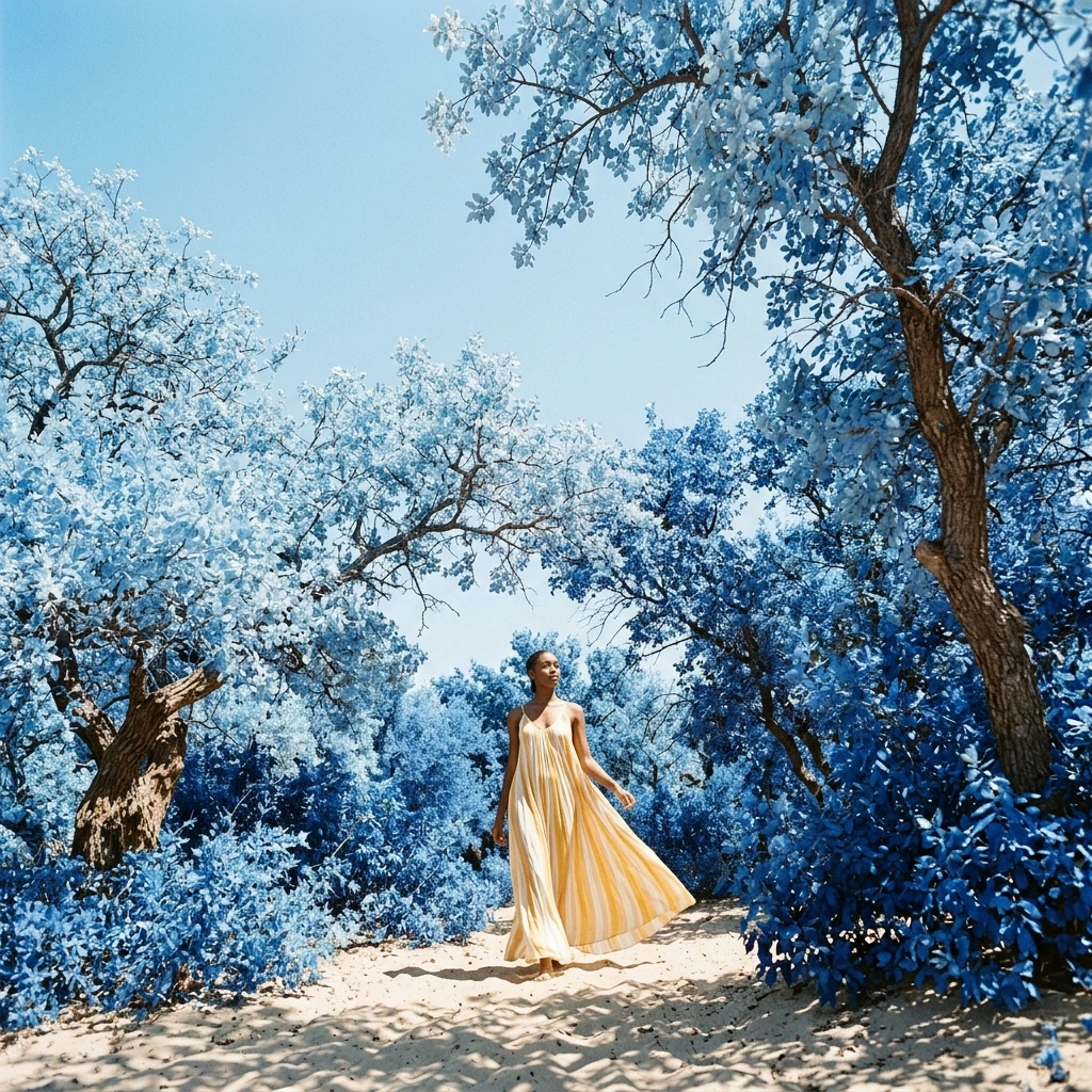 A fashion photography work full of surreal romanticism, using a low-angle upward shooting composition, with a clear light blue sky as the background, and the visual focus concentrated on the fantasy blue vegetation and the model walking through it. T