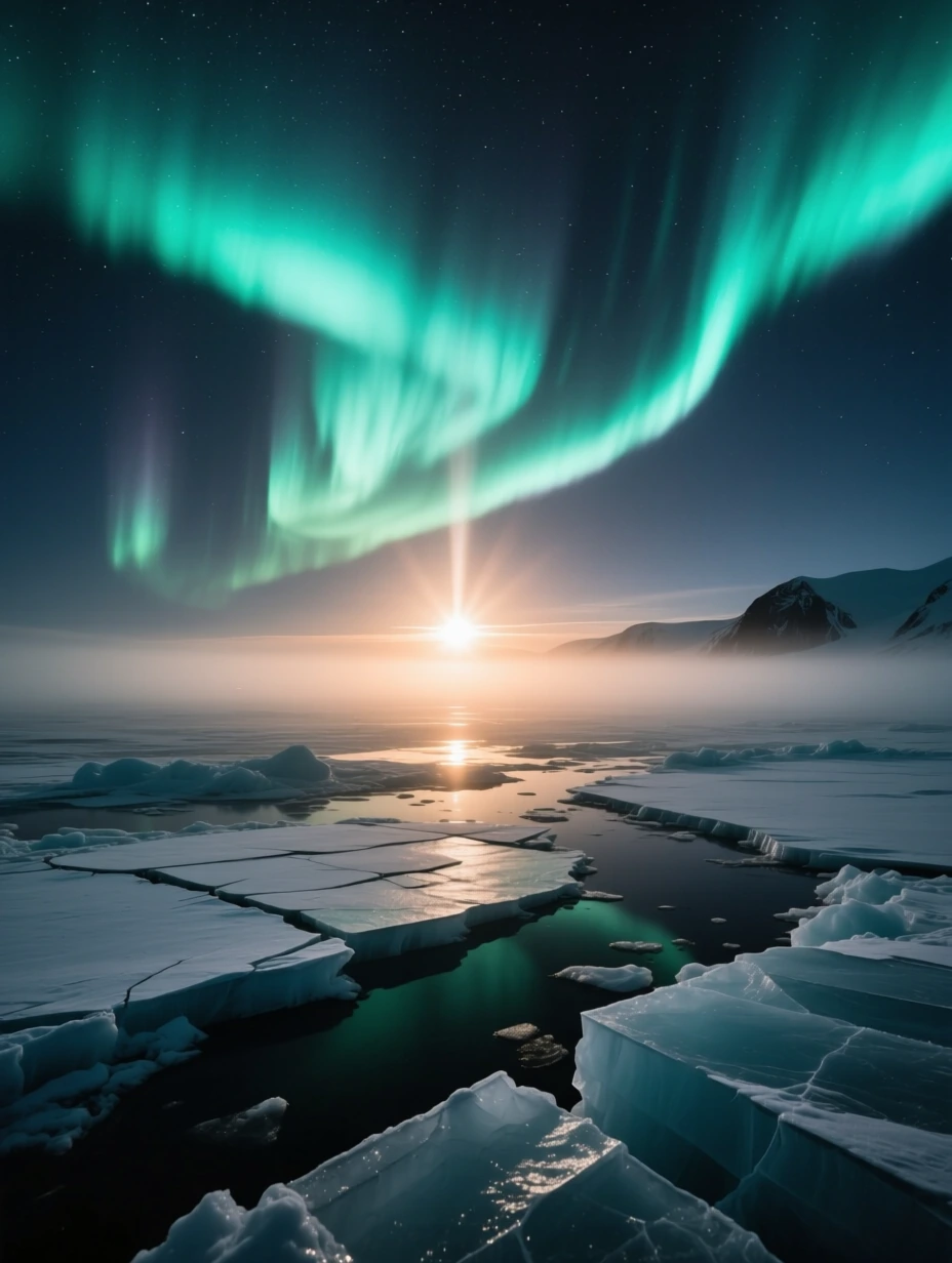 The Northern Lights over a broken Ice Field as the sun rises in the distance causing lens flare