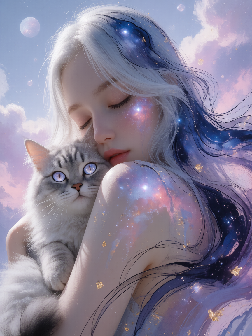 Dreamlike portrait of a beautiful woman with long flowing silver-white hair, eyes softly closed, cradling a realistic fluffy cat with luminous eyes against her shoulder. Galaxy paint drips and swirls through her hair and across her skin in deep indig