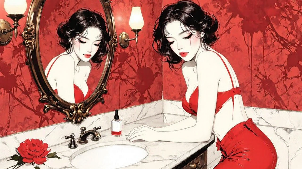 1961 Disney animation style from 101 Dalmatians, clean bold black outlines, flat colors with minimal shading, hand-drawn 2D animation aesthetic, graphic illustration look. A seductive female character with pale skin, dark wavy hair, dramatic red lips