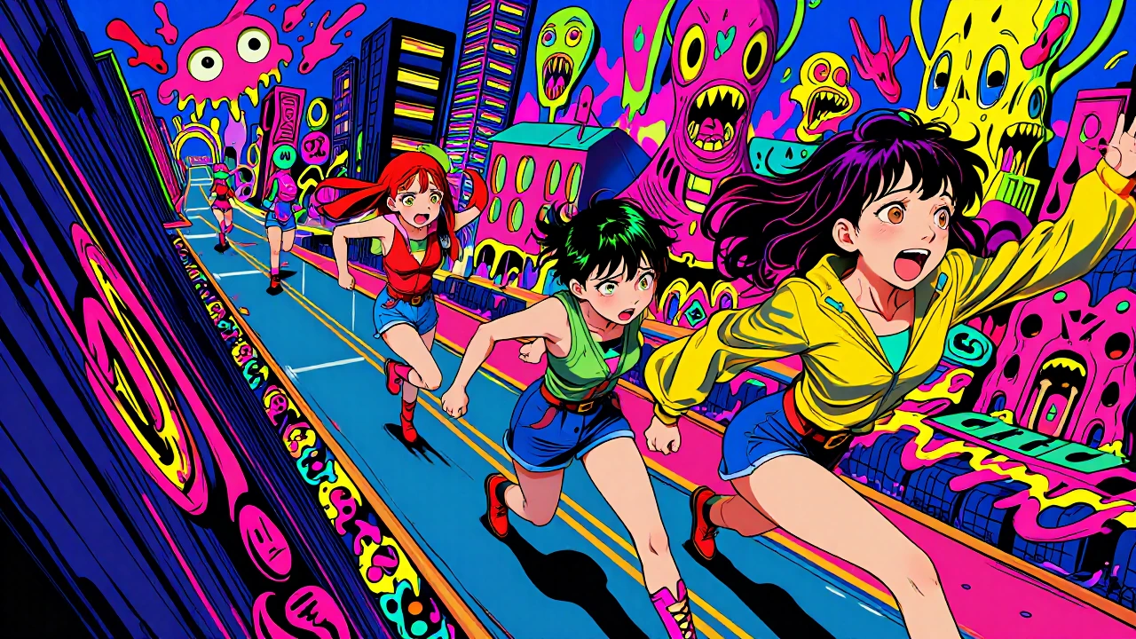 Psychedelic anime illustration style with extremely vivid and bold colors, high saturation, and dynamic energy. A group of three young women running frantically through a collapsing, surreal dream world. The environment is a distorted city street whe