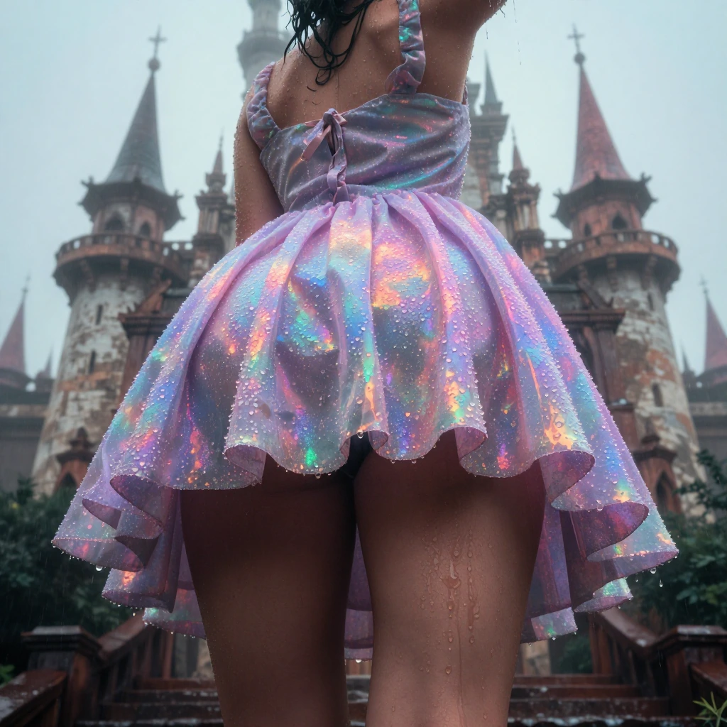 Woman in Dew drop mini dress in dew drop castle bi split realism dripping drops rainy mood