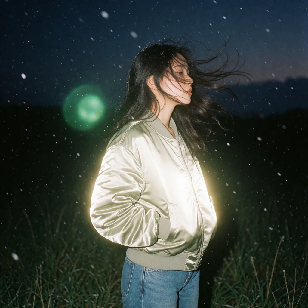 An experimental analog film snapshot of a young woman standing in a grassy field at night under a dark twilight sky. Captured in profile facing right, her long dark hair is blown wildly across her face by the wind. She wears a shiny, light olive-gree