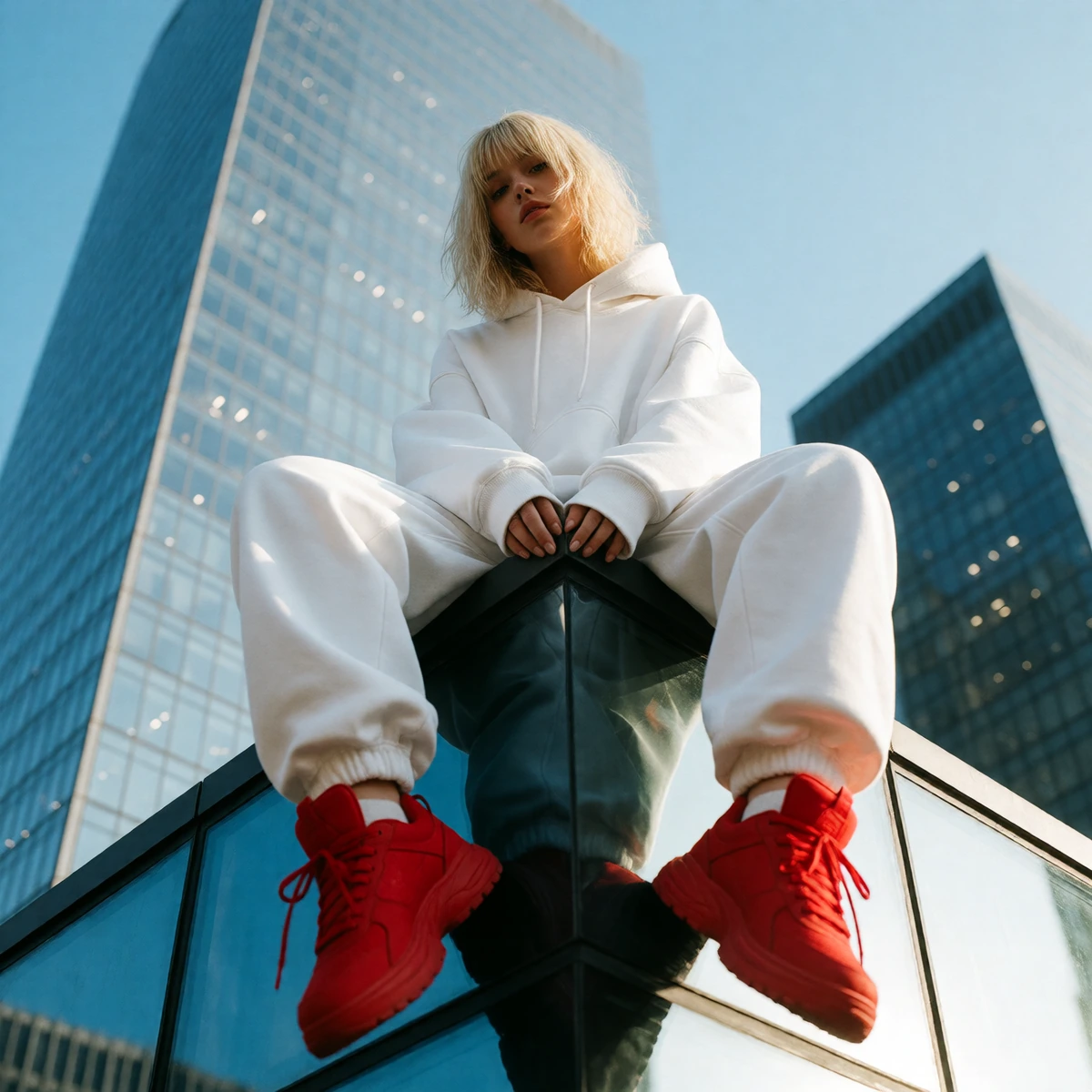 Surreal urban fashion photoshoot of a young Ukrainian blonde bob care hair woman in oversized white hoodie and red sneakers, sitting casually on the edge of a skyscraper rooftop. Glass skyscrapers and a clear blue sky behind her. Captured from a low-