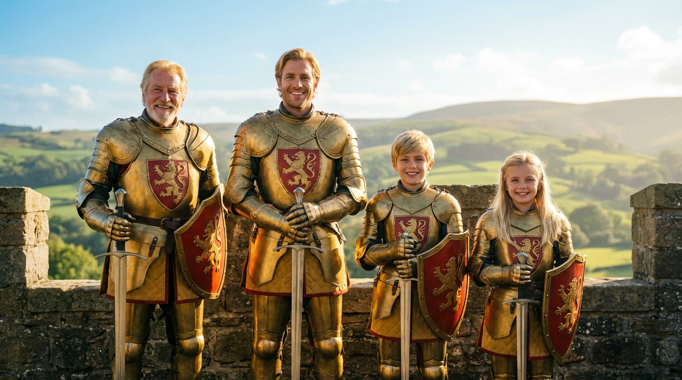 Noble family of knights, blonde hair, blue eyes, golden armour, Lion embossed Coat of Arms, 4 family members, Red & Gold Colours, Grandfather, Father, Son & Daughter all dressed in their armour with longswords held point down in front of them as they