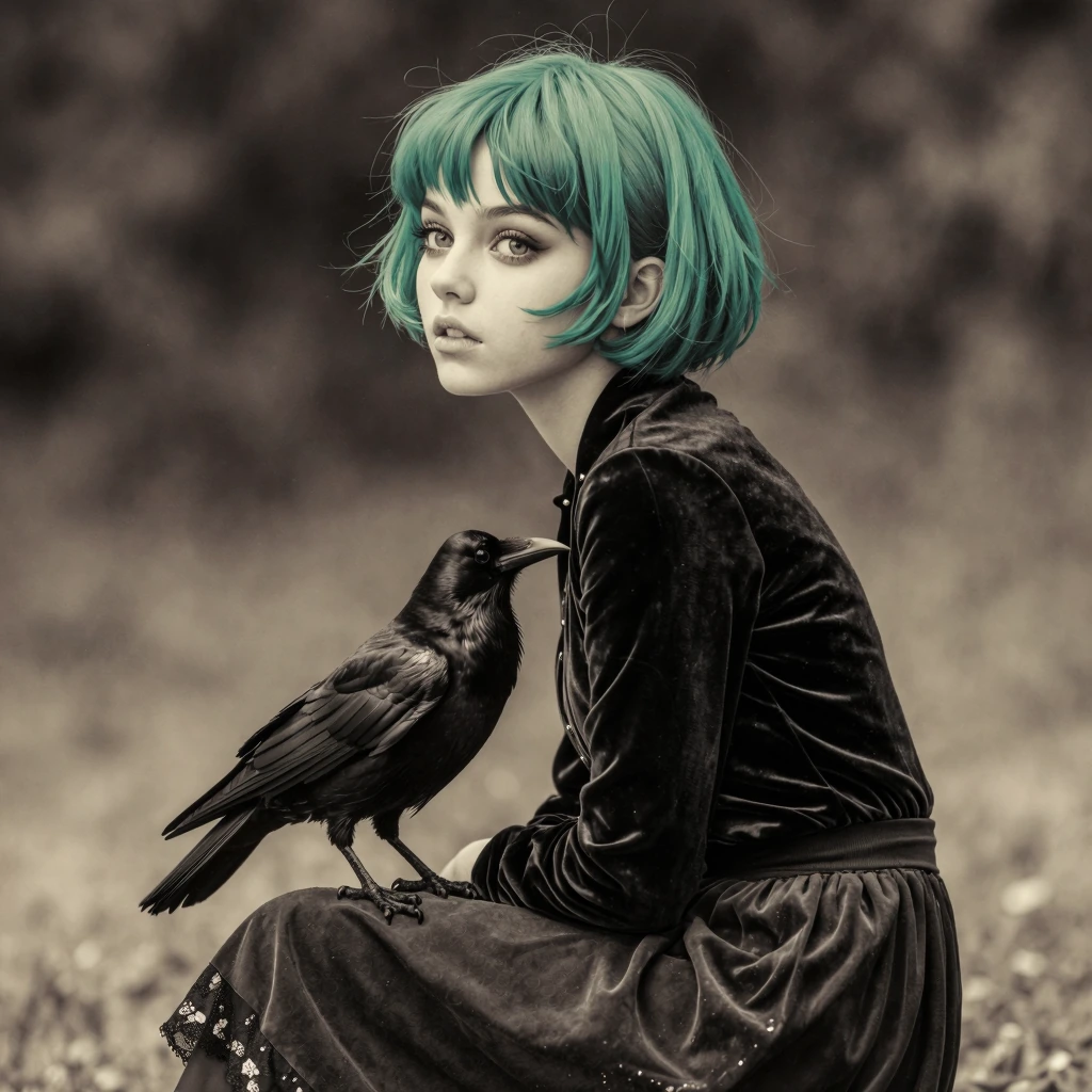Retro Shōjo illustration in black and white of a young woman with short teal hair styled in a messy bob. She is wearing a fitted velvet jacket over a high-waist skirt with lace trim. She is looking off to the side. A small raven perches on her lap, l