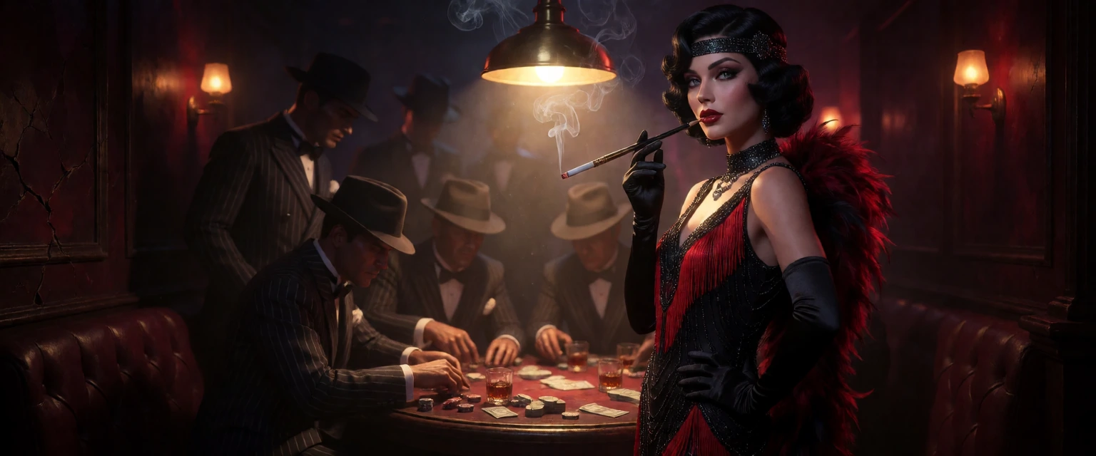 Capture a glamorous 1920s femme fatale standing in a dimly lit speakeasy backroom, dark waves of hair pinned beneath a jeweled headband, crimson lips parted around a long ivory cigarette holder trailing a wisp of smoke. She wears a sleek black beaded